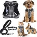 GAMUDA Small Dog Harness Collar and Leash Set, Step in No Chock No Pull Soft Mesh Adjustable Dog Vest Harnesses Plaid Reflective for Dogs Puppy Cats Kitten Rabbit (Black, S)