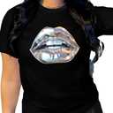 Verdusa Women's Lips Print Summer Goth Short Sleeve Crop Top Crew Neck Graphic Tee S