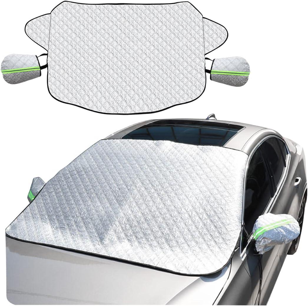 8sanlione Car Windshield Snow Cover with Side Mirror Cover, 4 Layers Winter Frost Protection for Any Weather, Windscreen Covers with Magnetic Edges, Front Window Automotive Covers for Car SUV Trucks
