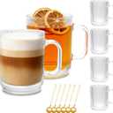 6 PACK Glass Coffee Cups with Handle & Spoon, 12 OZ Glass Coffee Mugs, Ribbed Glass Cups, Clear Tea Cup for Hot/Cold Beverages, Glassware Set for Americano, Latte, Cappuccino
