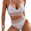 Floerns Women's Bathing Suit Striped Print Halter Neck Triangle Bikini Swimsuits (Medium, White Multi)