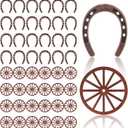 48 Pcs Horse Shoes Decor Set, Mini Wagon Wheels Horseshoes Small Horse Shoes Western Party Decorations Cowboy Cowgirl Horseshoes Party Favors Wood Metal Horseshoe Decorations