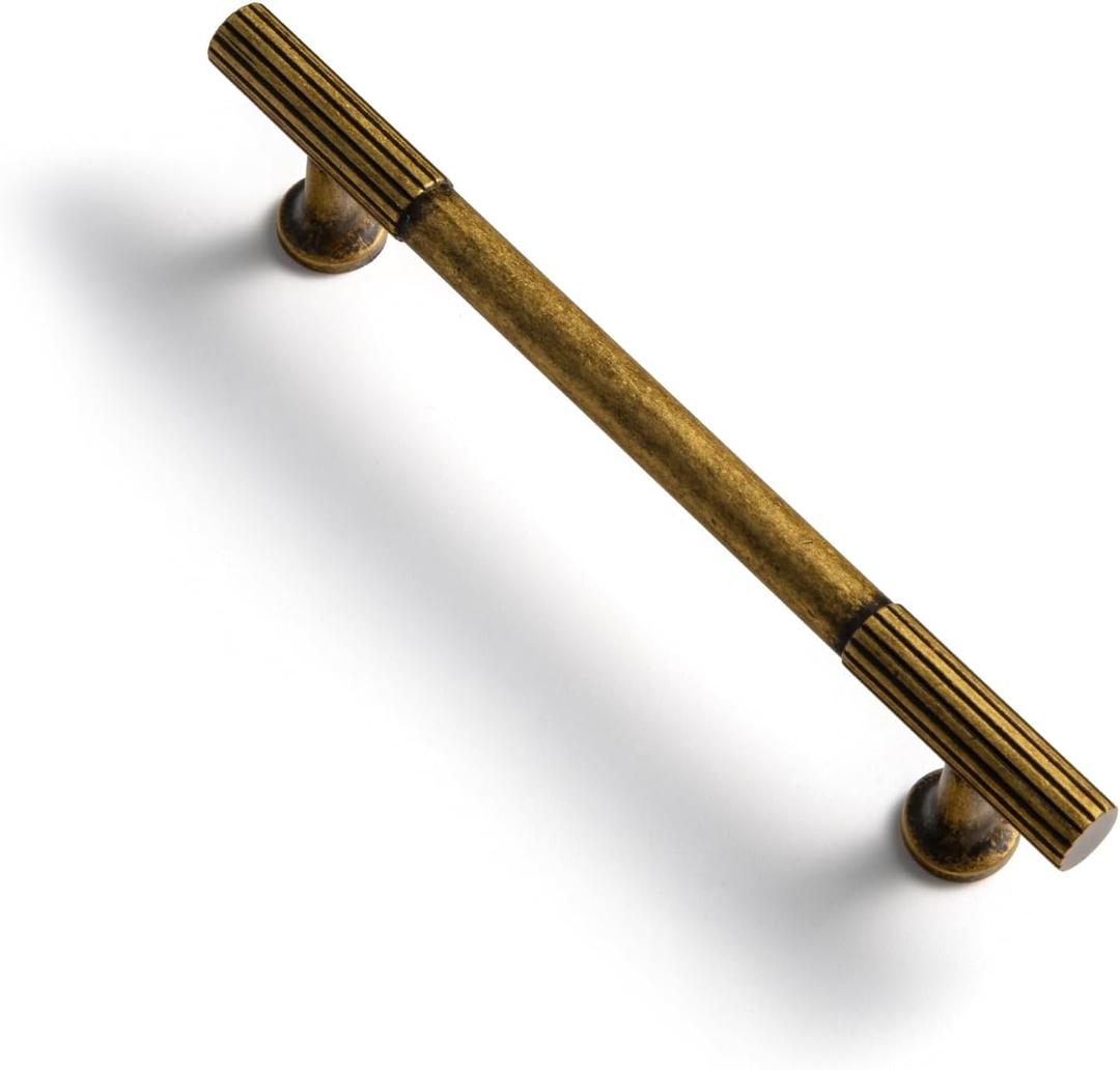 Goo-Ki Vintage Retro Antique Brass Zinc Alloy Cabinet Handles - 5.03''(128mm) Hole Center Striped Decorations Cabinet Pull Hardware for Bedroom, Kitchen,