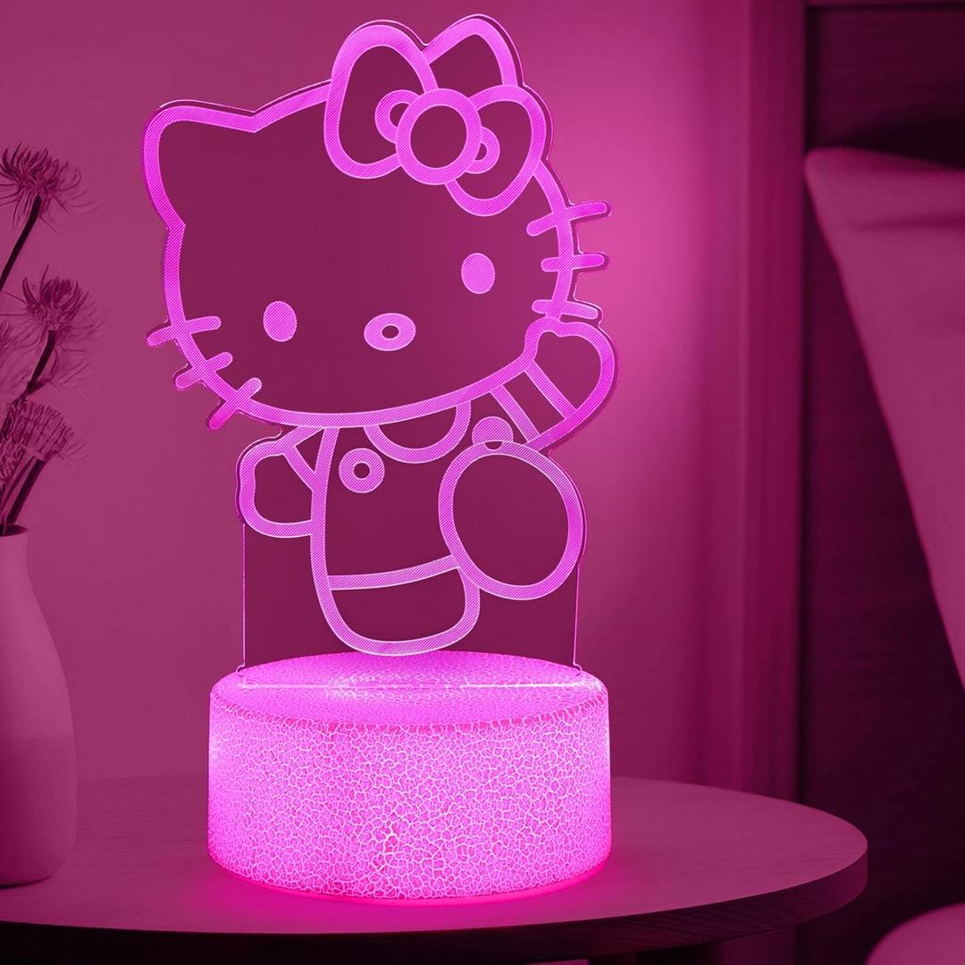 Pink Kawaii Kitty 3D Night Light with Corded Control- Dreamy Girls Room Decor, Perfect Birthday/ Christmas Gift for Kids, Unique Holiday Present