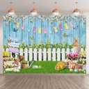 Fabric 7x5ft Spring Easter Photography Backdrop Blue Wooden Wall Colorful Eggs Rabbit Grass Bunny Floral Background Kids Party Decoration Photo Banner Booth
