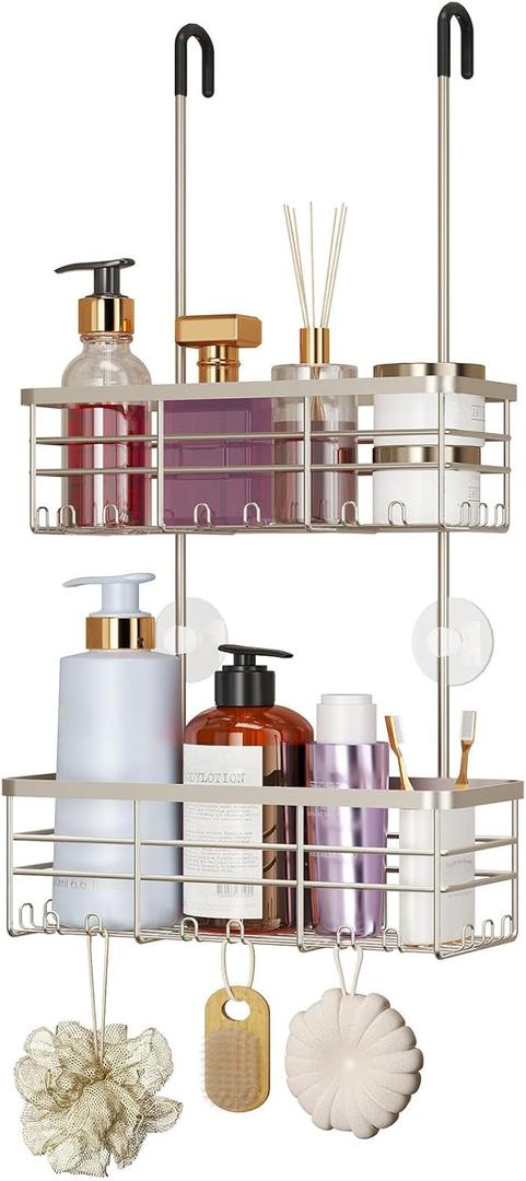 HapiRm Hanging Shower Caddy Organizer - No Drilling Shower Organizer with Hooks, Rustproof & Waterproof 304 Stainless Steel Bathroom Shelves - Brushed Nickel