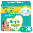 Pampers Swaddlers Diapers, Size 1 (8-14 lbs), 210 Count, Absorbent, Keeps Baby Dry and Comfortable, Skin Safe Disposable Baby Diaper (Packaging May Vary)