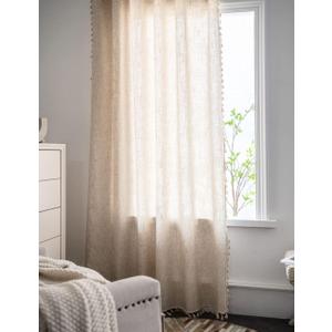 AMZALI Cotton Linen Textured Curtains with Tassel Semi-Blackout Drapes Farmhouse Window Curtain Panels Rod Pocket Curtain for Living Room Bedroom One Panel 84 Inch Length (Beige)