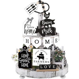Set of 11 Farmhouse Tiered Tray Decor Rustic Home Tiered Tray Decorations Set Home Wooden Signs Vintage Farm Animal Farmhouse Tabletop Wood Signs for Kitchen Table Shelf Decor