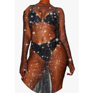 Fstrend Women Rhinestone Mesh Dress Black Sparkly Crystal Cover Up Long sleeves Skirts Concert Rave Fishnet Outfits, One Size