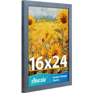 16x24 Poster Frame, Vintage 16 x 24 Picture Frame Plexiglass Glass for Wall Display, Rustic 16x24 Photo Picture Frame, Antique Blue Collage Gallery Wall Picture Frames, Widen Border