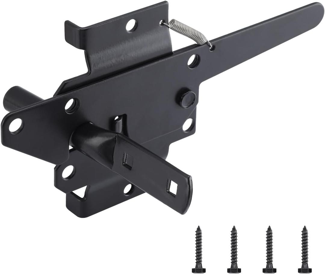 WellMade Heavy Duty Self-Locking Gate Latch for Wooden Fence, Post Mount Automatic Gravity Lever Door Latches for Garden Outdoor/Pool Gate, Metal Gates Vinyl Fence Gate Lock, Black Finish with Screws