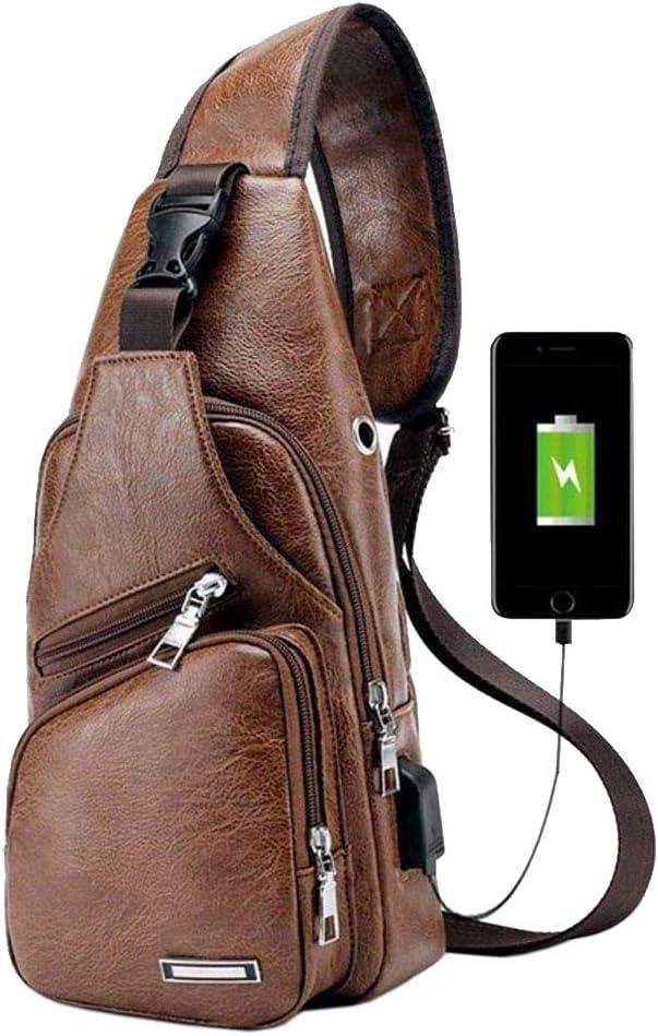 Hebetag Leather Sling Bag Crossbody Backpack for Men Women Travel Outdoor Camping (#21brown(pu/Usb))