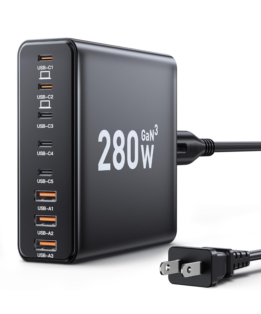 280W USB C Charger Block, 8-Port USB C Charging Station GaN III PD 65W Laptop Charger Adapter Compatible with MacBookPro/Air,DELL,iPad,Portable Charging Station for iPhone,Samsung Galaxy (Black)