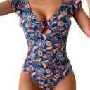 Eomenie Women's One Piece Swimsuit Tummy Control Bathing Suit Cutout Ruffle Slimming Swim Suit (Medium, Navy Blue Print)