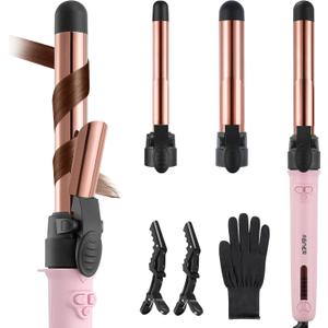 ABNER Rotating Curling Iron Set, Automatic Curling Wand for Long Hair, Easy to Use Hair Curler Get Effortless Beach Waves, 3 Sizes Ceramic Barrel 0.75" 1" 1.25" to 430F with Home Button, Dual Voltage (Titanium Gold)
