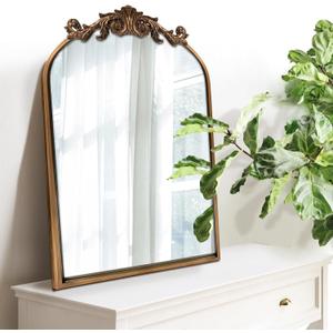 WAMIRRO Antique Mirror,Gold Traditional Vintage Ornate Baroque Arched Brass Wall Mounted Mirrors for Entryway/Fireplace/Living Room/Hallway/Bathroom 19"X27"