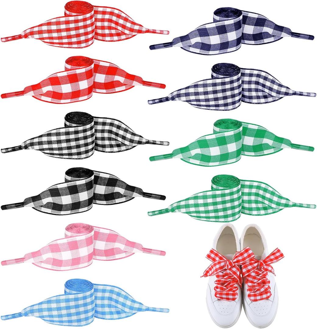 Cutecrop 10 Pairs Gingham Shoe Laces Fashion Soft Checkered Ribbon Shoelaces Colorful Organza Shoe Ties for Women 47in Long