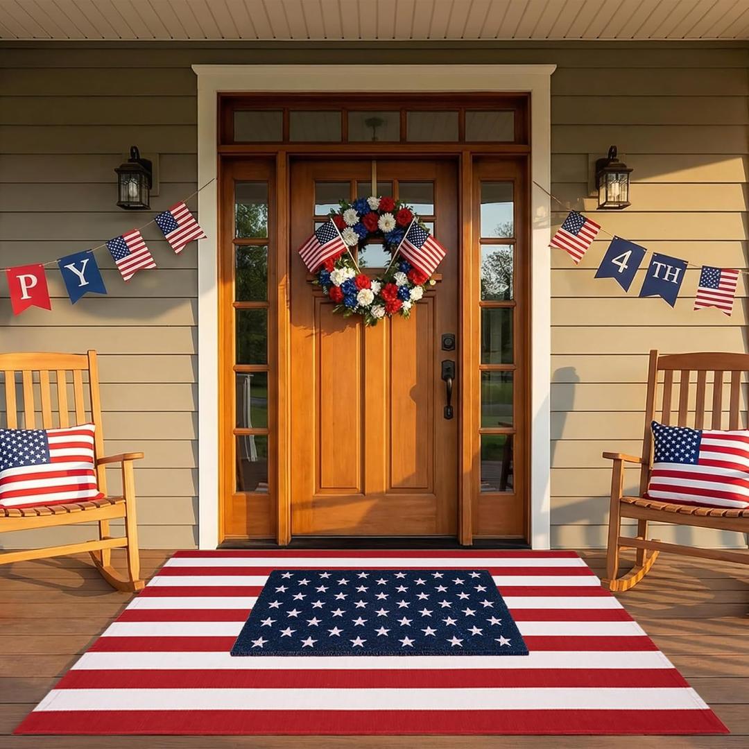 2 Pcs 4th of July Door Mat Set, Layered Welcome Mats Combo with 3' x 5' Red White Striped Rug & Natural Coir Doormat, Patriotic American Flag Front Porch Decor for Independence Day Memorial Day
