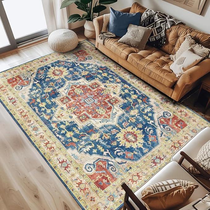 jinchan Area Rug 6x9 Floral Rug Vintage Blue Orange Thin Vintage Retro Indoor Non Slip Carpet Kitchen Living Room Bedroom Dining Room (6'x9')