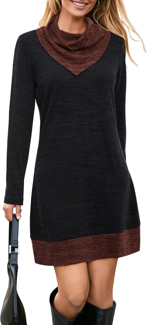 STYLEWORD Women's 2026 Winter Dress Tunic Tops for Leggings Long Sleeve Sweater Cowl Neck Fashion Shirt Dress (M)