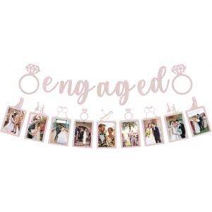 Pre-Strung Engaged Photo Banner - Rose Gold Glitter Engagement Party Decoration Supplies with Romantic Memories Picture Card Frames for Bachelorette, Bridal Shower, Wedding Party Photo Booth Props