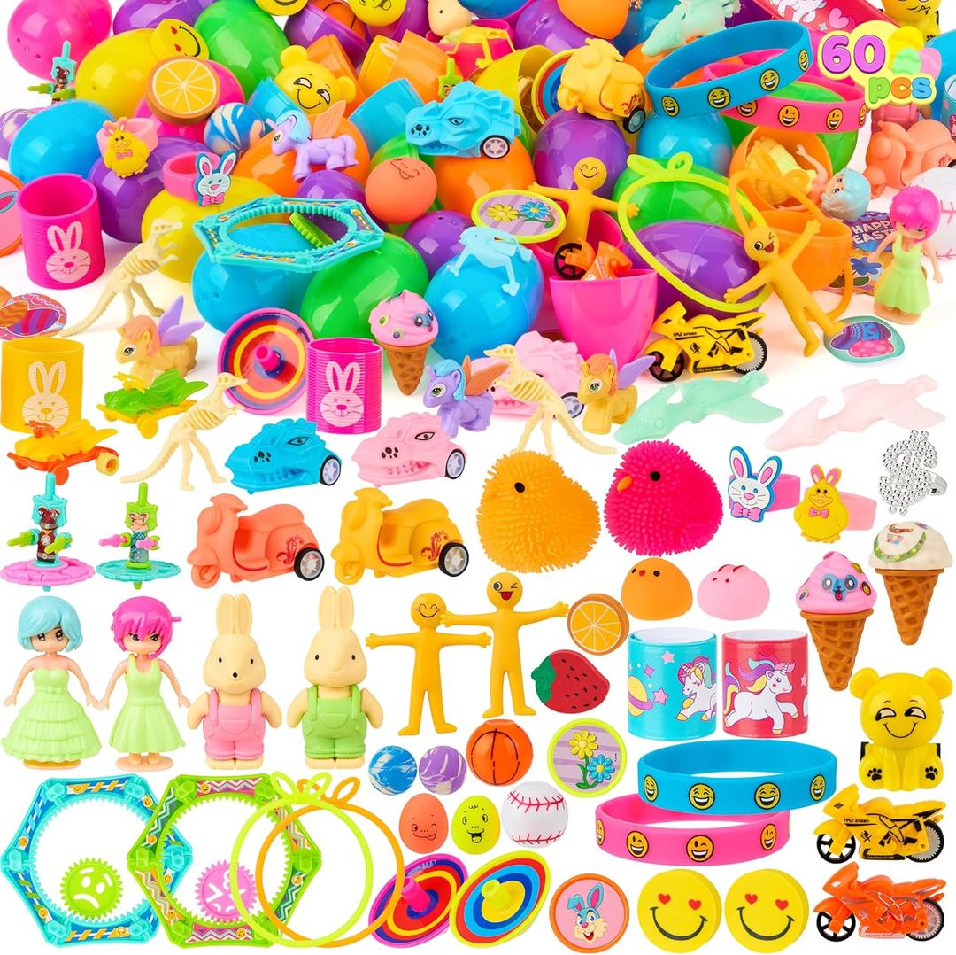 JOYIN 60Pcs Easter Eggs with Toys Stickers Inside, Prefilled Easter Eggs Hunt with Assorted Toys for Kids Boys Girls, Basket Stuffers Filler, Party Favors, Classroom Exchange