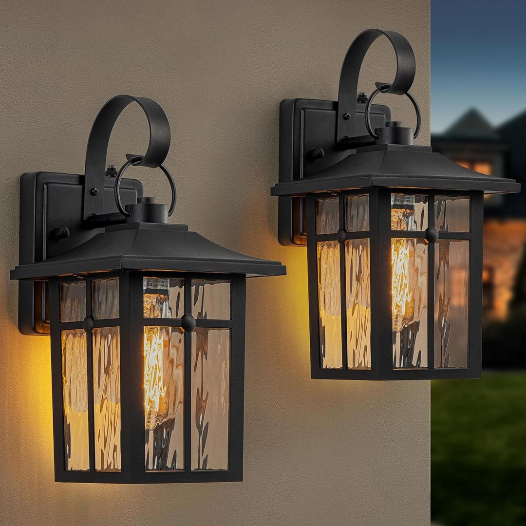 2 Pack Dusk to Dawn Outdoor Wall Lights, Aluminum Exterior Light Fixtures Wall Mount with Ripple Glass, Waterproof Black Porch Lights, Outside Wall Lantern for Entryway, Garage, Patio