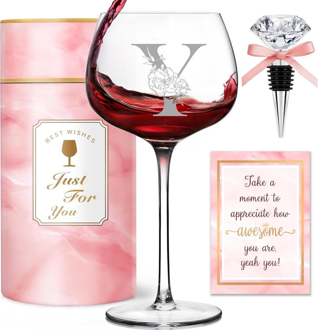 Personalized Gifts for Women - Monogrammed A-Z Wine Glass Customized Gifts, Unique Birthday Gifts for Women, Christmas Basket Gift for Her, Mom, Wife, Sister, Friend, NurseY