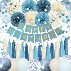 Dusty Blue Party Decorations with Blue Sand Gold Balloons, Happy Birthday Banner, Paper Pompoms, Star Banner for Boys Kids Party Decor