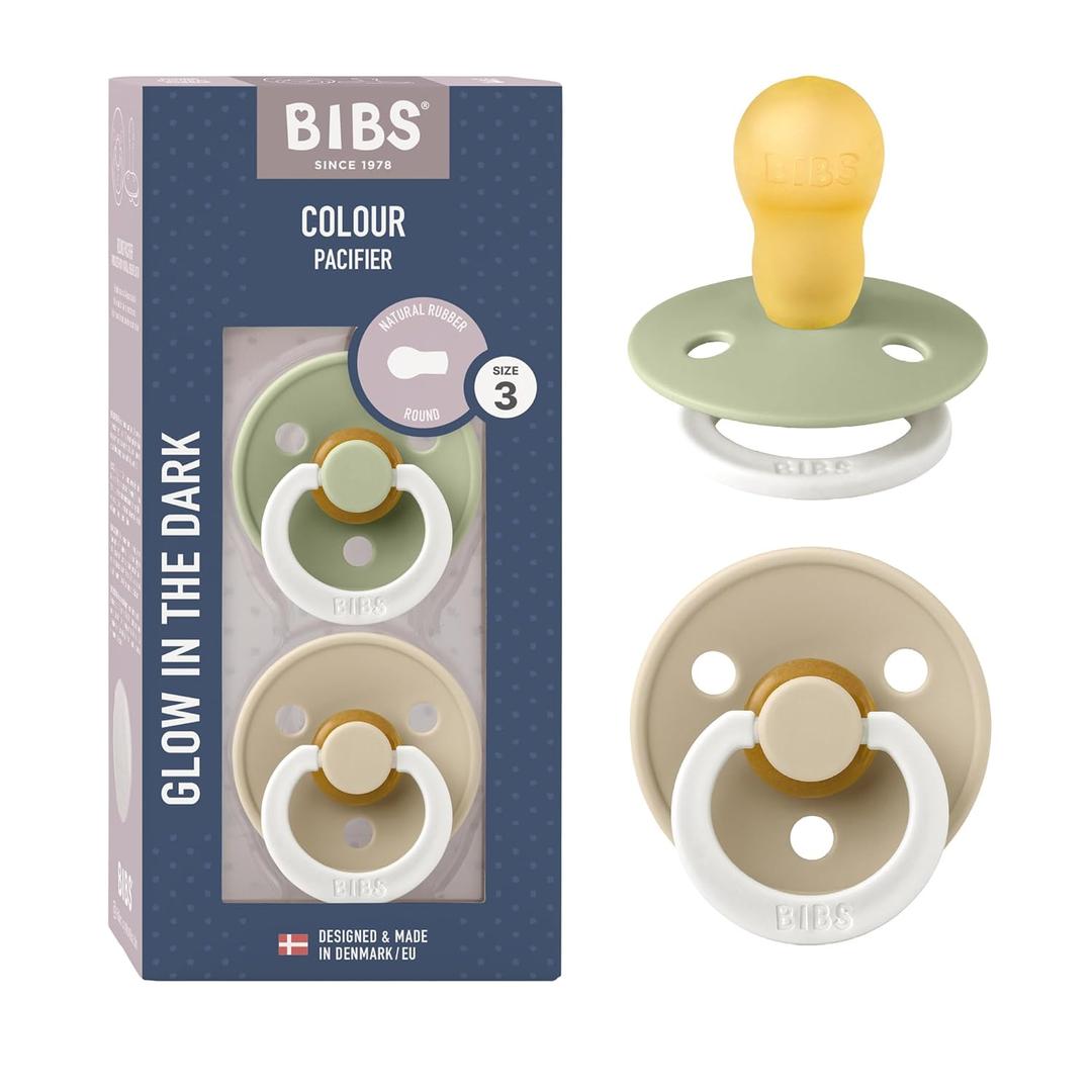 BIBS Pacifiers Colour Collection | Natural Rubber Baby Pacifier | Set of 2 BPA-Free Soothers | Made in Denmark | 18+ Months (Pack of 2) | Sage Glow/Vanilla Glow