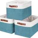 Bagnizer Storage Bins Large Fabric Storage Baskets for Shelves 3 Pack, Decorative Linen Closet Baskets with Handles for Organizing, Shelf, Clothes, Home, Office, 15x11x9.5Inches (Teal & White)