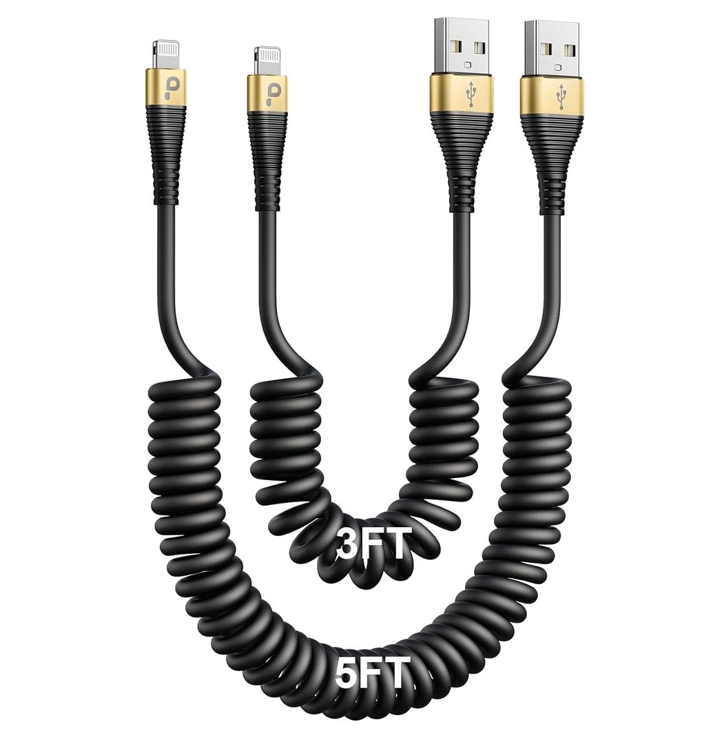 iPhone Charger Cable for Car (3FT/5FT), 2Pack Coiled Lightning Cable, [Apple MFi Certified] Short Charging Cord Compatible with iPhone 14/13/12/11 Pro Max/XS MAX/XR/XS/8/iPad/iPod/CarPlay-Gold