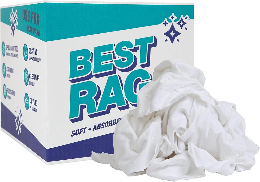 Arkwright Premium T-Shirt Rags Bulk, 10 lb Box, Cotton Cleaning Towels, Low Lint Knit Wiping Cloths for Paint, Stain, Grease, Shop and Auto Use, Quick Dry Machine Washable, White