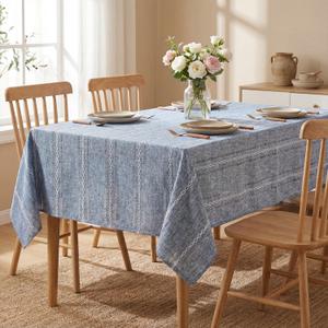 Horaldaily Blue Cotton Blend Tablecloth 52×70 Inch Rectangular, Farmhouse Style, Wrinkle Resistant Washable Table Cloth, Hemstitched Embroidery Table Cover for Home