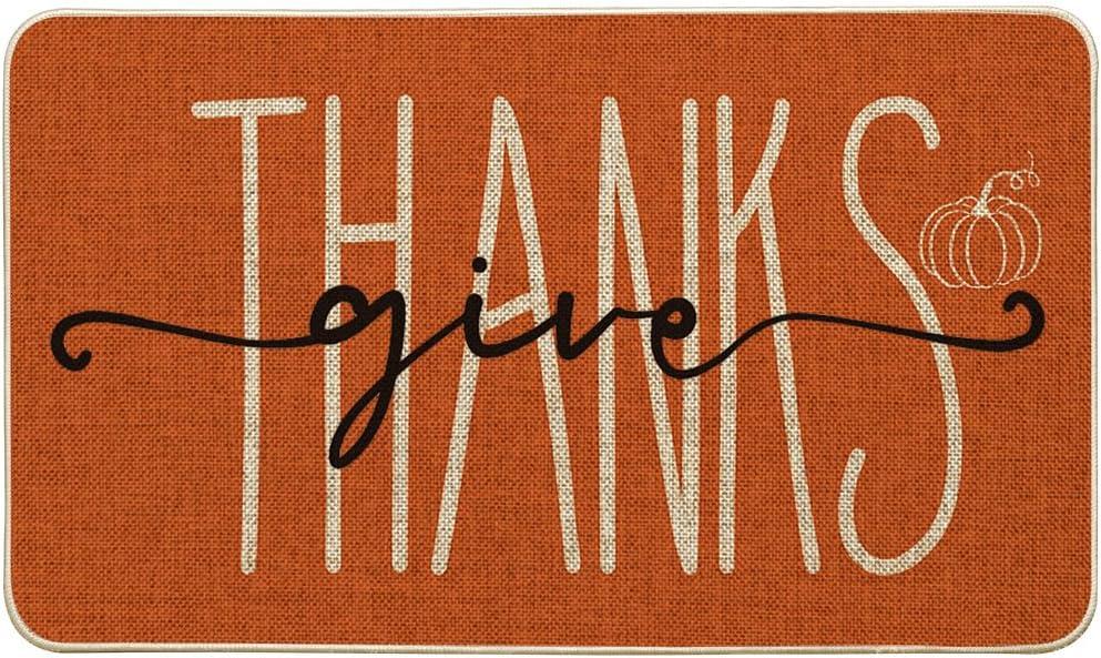 Artoid Mode Give Thanks Pumpkin Thanksgiving Welcome Decorative Doormat, Seasonal Fall Low-Profile Floor Rug Switch Mat for Indoor Outdoor 17x29 Inch