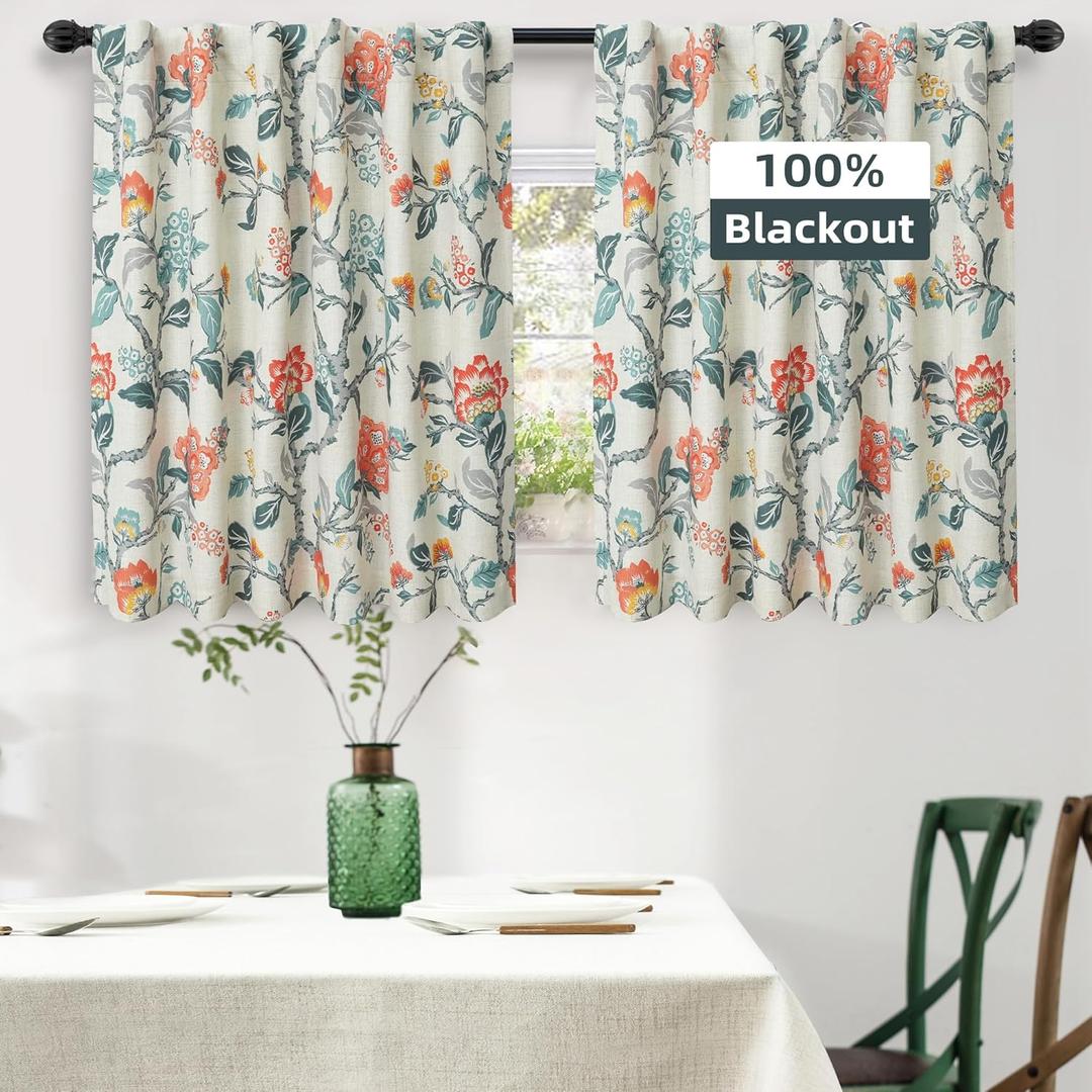 DriftAway Ada Floral Botanical Print Flower Leaf Lined Thermal Insulated Room Darkening Blackout Window Curtains 2 Layers Set of 2 Panels Each 52 Inch by 36 Inch Orange Teal Beige Linen