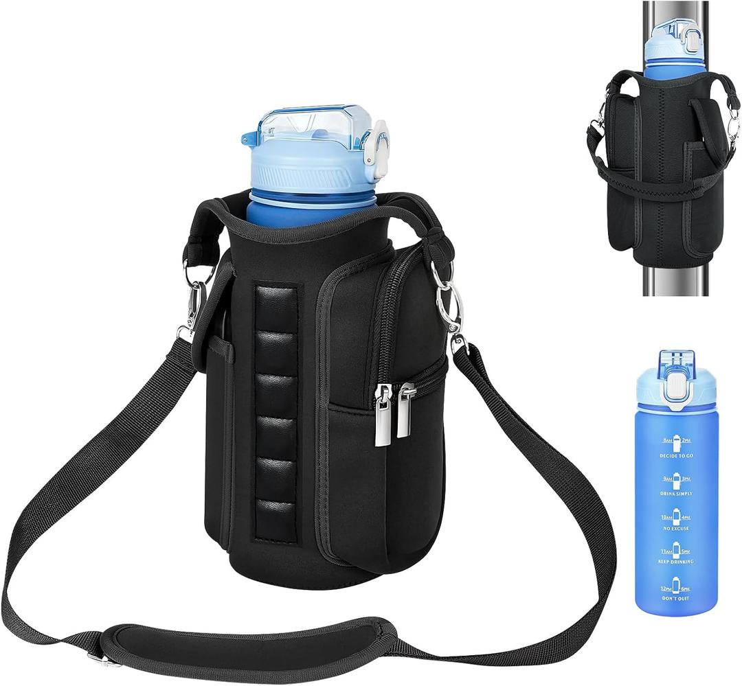 Panmout Hands-Free Magnetic Gym Bag with Gym Bottle - 3-in-1 Water Bottle Holder with 6 Magnets, 3 Pockets, Fits up to 40oz Bottle and Large Phone, Shoulder Strap for Gmy, Hiking and Travel (Black)