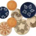 Xuhal Set of 8 Hanging Woven Wall Basket Handmade Decorative Rustic Boho Basket Decor Handcrafted Wicker Round Seagrass Wall Art for Home Kitchen Farmhouse Table Living Room