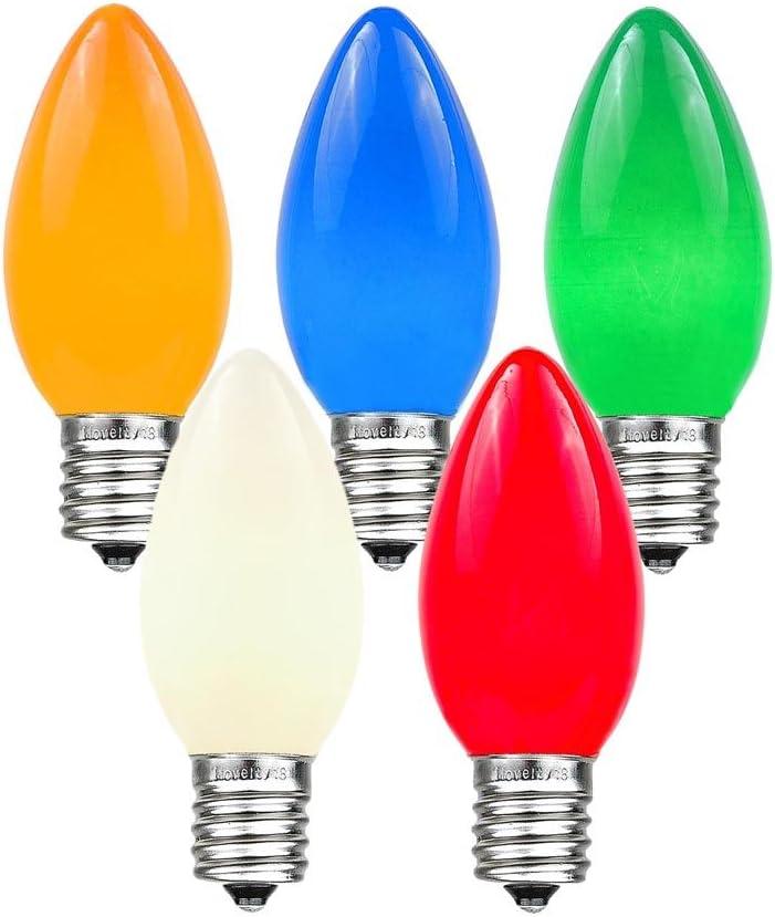 Novelty Lights 25 Pack C9 Ceramic Outdoor Christmas Replacement Bulbs, Multi, E17/ C9 Intermediate Base, 7 Watt
