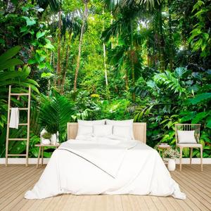 Tropical Rainforest Botanical Wallpaper Bedroom Green Leaf Plant murals Aesthetic Room Decor Living Room tv Background Large Wall Mural - 91"x65" Not Peel and Stick (B033)