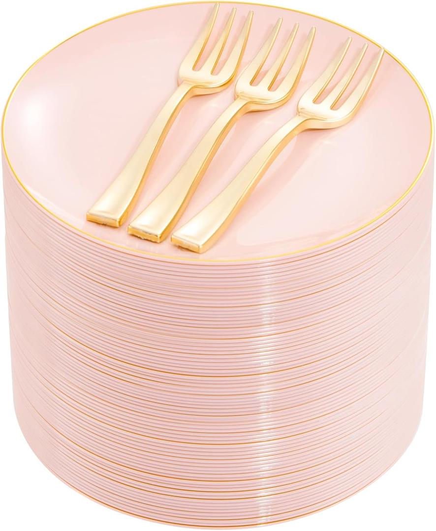 Festiva 200Pcs Pink Gold Cake Plates 6.3" with Forks 5"- Disposable Salad Plates-Pink Dessert Plates-Appetizer Plastic Plates - include 100Plates 100Forks for Party&Wedding&Easter&Valentine's Day