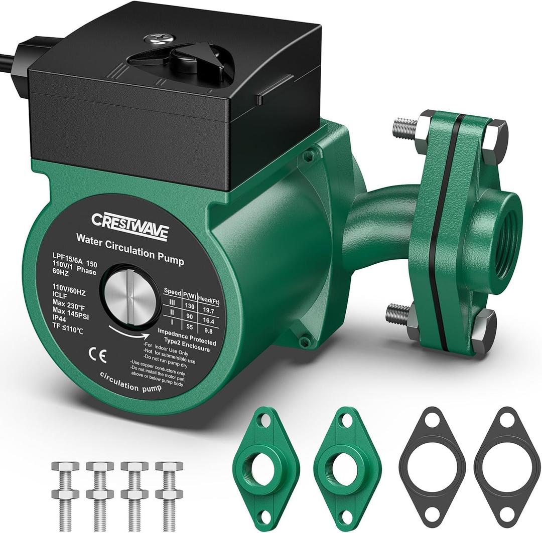 CRESTWAVE Hot Water Recirculating Pump 110V, 130W 13GPM Circulation Pump, 3-Speed Recirculating Pump for Water HeaterInstant Hot Water | 230F for Solar, Boiler | Easy DIY w/ 3/4" FNPT Flanges & Kit (Green)