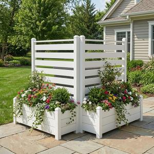 Vinyl Privacy Fence with Planter Box - 36"W X 45"H Decorative Outdoor Privacy Screen, No-Dig Freestanding Garden Fence for Patio, Backyard & Balcony, Weather-Resistant White Fence - 2 Panels