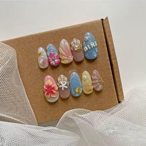 Press On Nails - Luxury Medium Almond 3D False Nails Women Reusable ABS Material Finger Printed Nail Tip French Salon Design Artificial Fingernail (Size S)