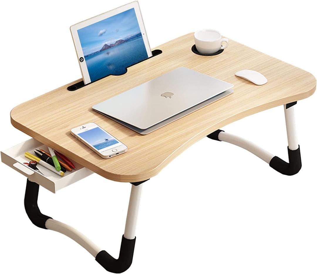 Lap Desk,Portable Laptop Desk,Foldable Bed Table with Bookshelf Cup Holder