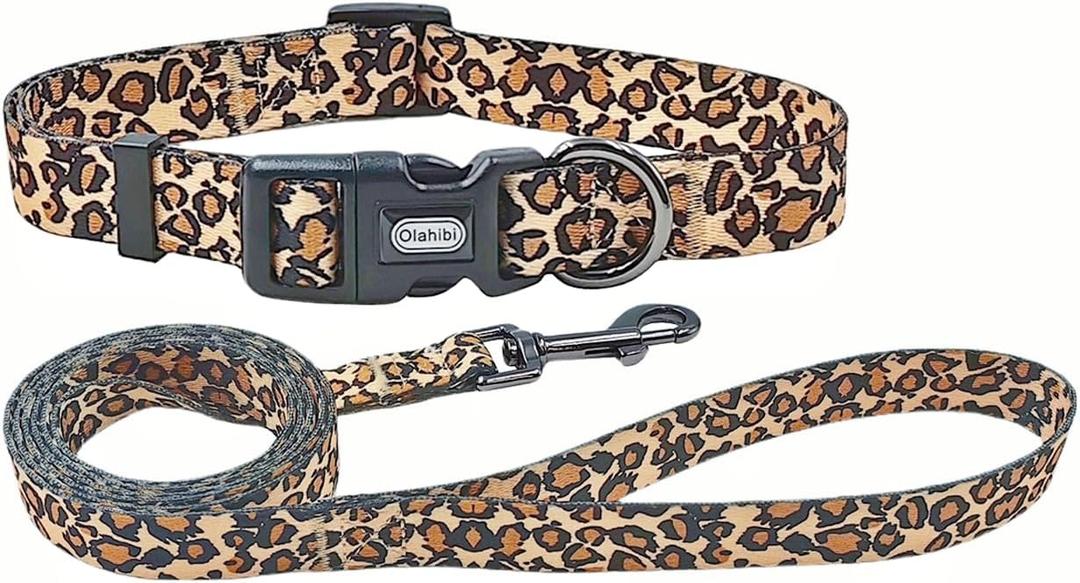 Dog Collar Leash Set, Leopard Pattern, Polyester Material, Adjustable Collar and 5ft Matching Leash, for Puppy Dogs.(XS, Brown Leopard)