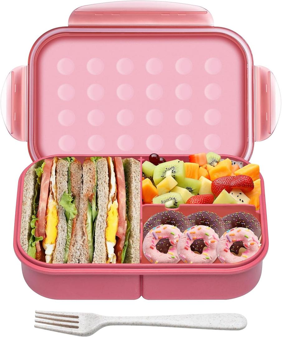 Itopor Wheat Straw Bento Box for Adults & Kids, Leakproof 3-Compartment Lunch Box with Fork, BPA-Free Reusable Meal Prep Container, Microwave & Dishwasher Safe, 5.5 Cup, Dusty Rose