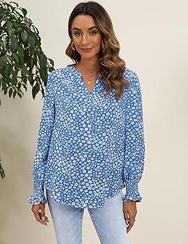 HOTOUCH Women Bohemian V Neck Floral Print Smocked Long Sleeve Casual Tops Chiffon Blouses Boho Shirts (X-Large)