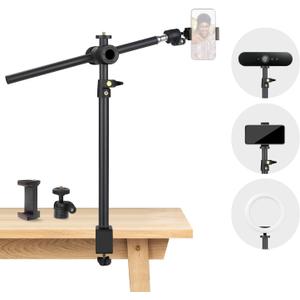 Overhead Camera Mount Desk Stand, Camera Arm Desk Mount Clamp Stand with 360Adjustable Magic Arm, Webcam Arm Mount Stand w Ballhead Phone Mount for Desk Logitech Microphone Video Light Cell Phone (1DFPGBL)